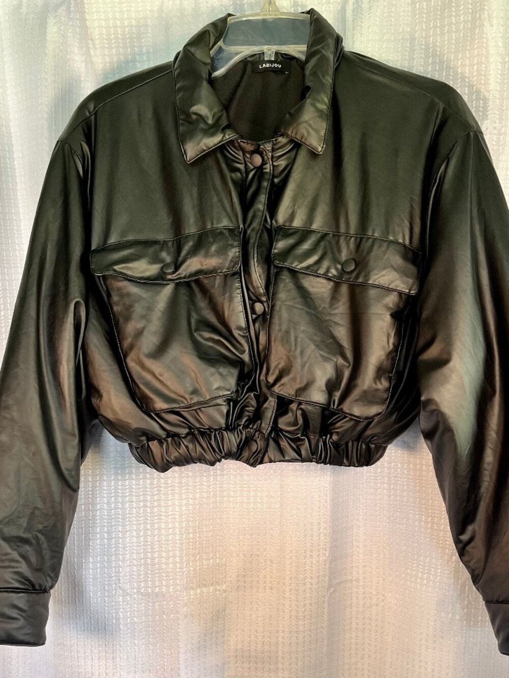 Labijou Black Puffer Cropped Jacket Vegan Leather size M